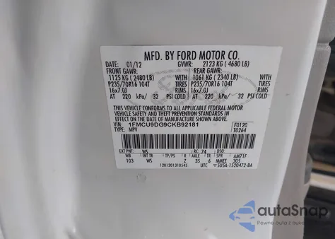 2012 Ford Escape Xlt from USA, damaged, VIN 1FMCU9DG9CKB92181